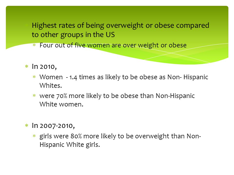  Highest rates of being overweight or obese compared to other groups in the US  Four out of five women are over weight or obese  In 2010,  Women times as likely to be obese as Non- Hispanic Whites.