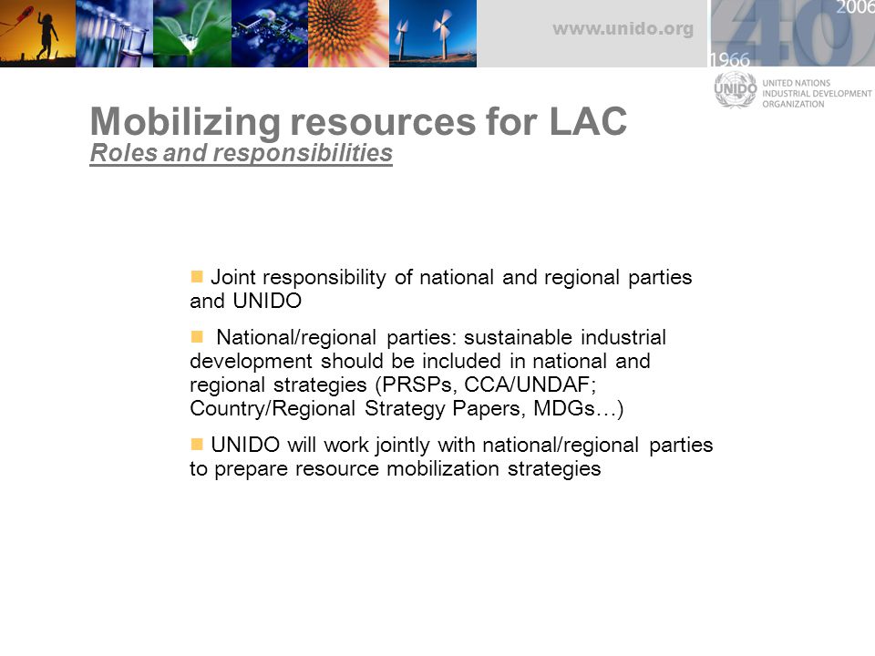 Mobilizing resources for LAC Roles and responsibilities Joint responsibility of national and regional parties and UNIDO National/regional parties: sustainable industrial development should be included in national and regional strategies (PRSPs, CCA/UNDAF; Country/Regional Strategy Papers, MDGs…) UNIDO will work jointly with national/regional parties to prepare resource mobilization strategies