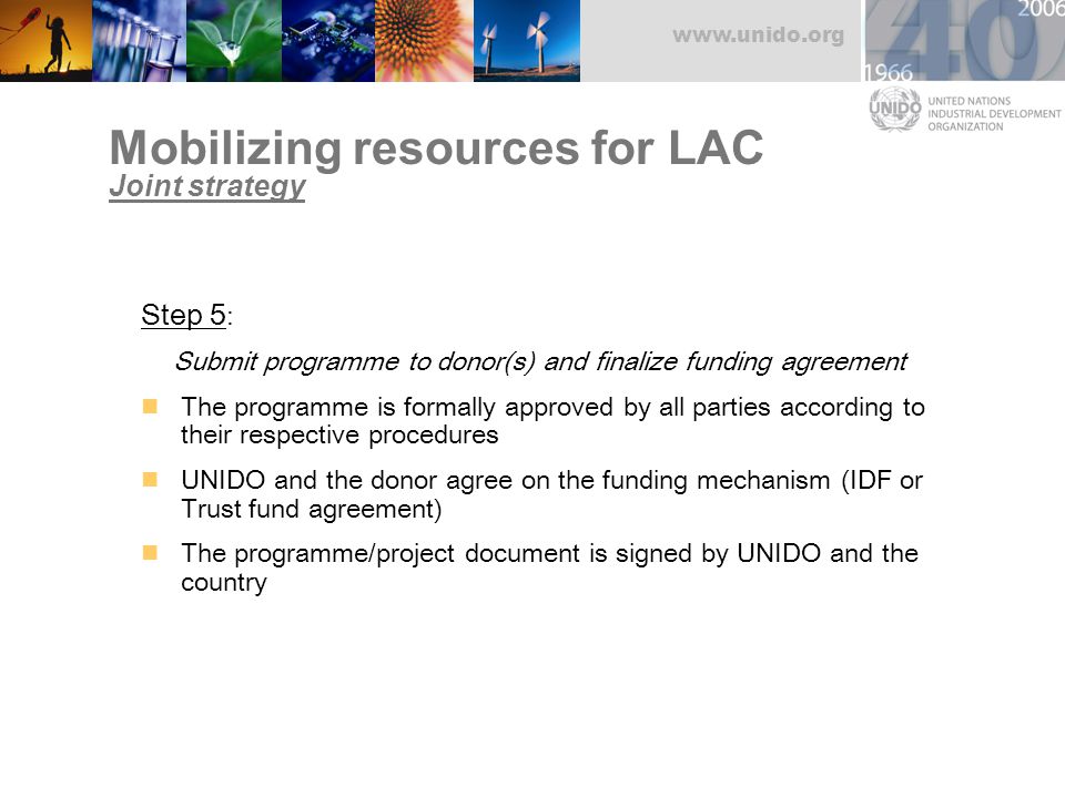 Mobilizing resources for LAC Joint strategy Step 5 : Submit programme to donor(s) and finalize funding agreement The programme is formally approved by all parties according to their respective procedures UNIDO and the donor agree on the funding mechanism (IDF or Trust fund agreement) The programme/project document is signed by UNIDO and the country