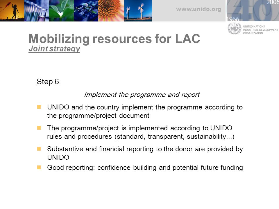 Mobilizing resources for LAC Joint strategy Step 6 : Implement the programme and report UNIDO and the country implement the programme according to the programme/project document The programme/project is implemented according to UNIDO rules and procedures (standard, transparent, sustainability...) Substantive and financial reporting to the donor are provided by UNIDO Good reporting: confidence building and potential future funding