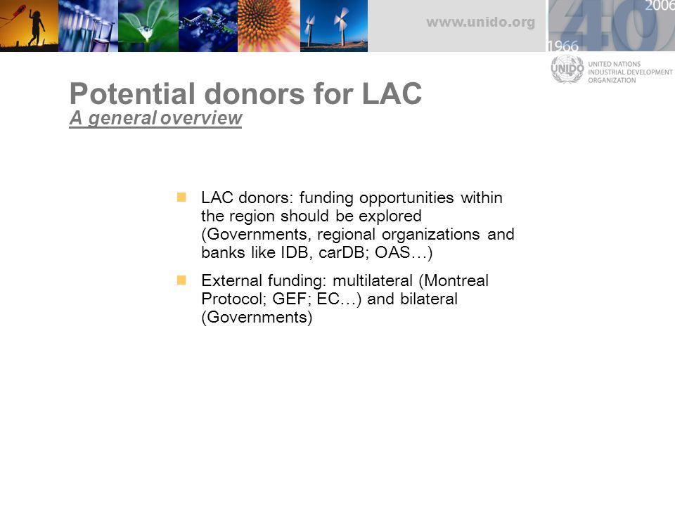 Potential donors for LAC A general overview LAC donors: funding opportunities within the region should be explored (Governments, regional organizations and banks like IDB, carDB; OAS…) External funding: multilateral (Montreal Protocol; GEF; EC…) and bilateral (Governments)