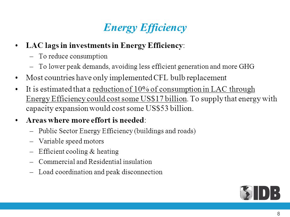 Energy Efficiency LAC lags in investments in Energy Efficiency: –To reduce consumption –To lower peak demands, avoiding less efficient generation and more GHG Most countries have only implemented CFL bulb replacement It is estimated that a reduction of 10% of consumption in LAC through Energy Efficiency could cost some US$17 billion.