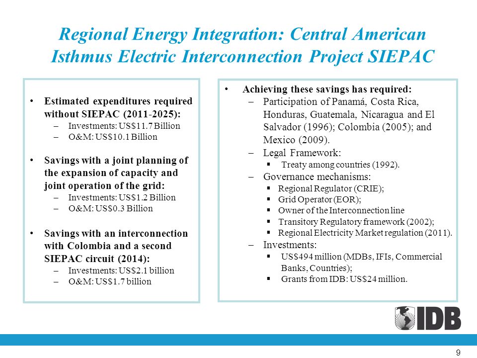 Regional Energy Integration: Central American Isthmus Electric Interconnection Project SIEPAC Estimated expenditures required without SIEPAC ( ): –Investments: US$11.7 Billion –O&M: US$10.1 Billion Savings with a joint planning of the expansion of capacity and joint operation of the grid: –Investments: US$1.2 Billion –O&M: US$0.3 Billion Savings with an interconnection with Colombia and a second SIEPAC circuit (2014): –Investments: US$2.1 billion –O&M: US$1.7 billion 9 Achieving these savings has required: –Participation of Panamá, Costa Rica, Honduras, Guatemala, Nicaragua and El Salvador (1996); Colombia (2005); and Mexico (2009).