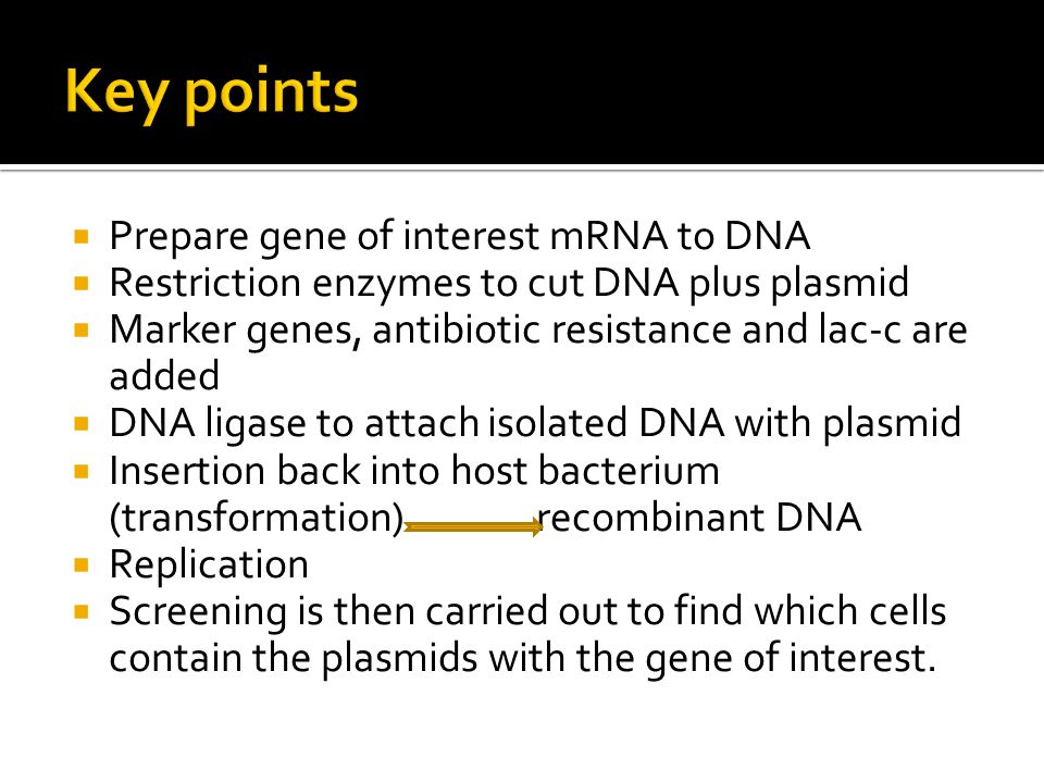  Prepare gene of interest mRNA to DNA  Restriction enzymes to cut DNA plus plasmid  Marker genes, antibiotic resistance and lac-c are added  DNA ligase to attach isolated DNA with plasmid  Insertion back into host bacterium (transformation) recombinant DNA  Replication  Screening is then carried out to find which cells contain the plasmids with the gene of interest.