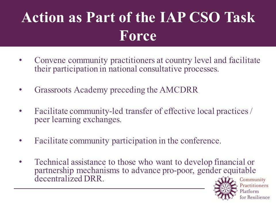 Action as Part of the IAP CSO Task Force Convene community practitioners at country level and facilitate their participation in national consultative processes.