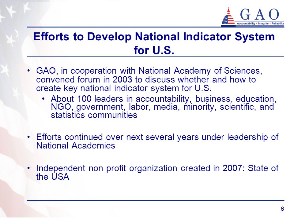 6 Efforts to Develop National Indicator System for U.S.