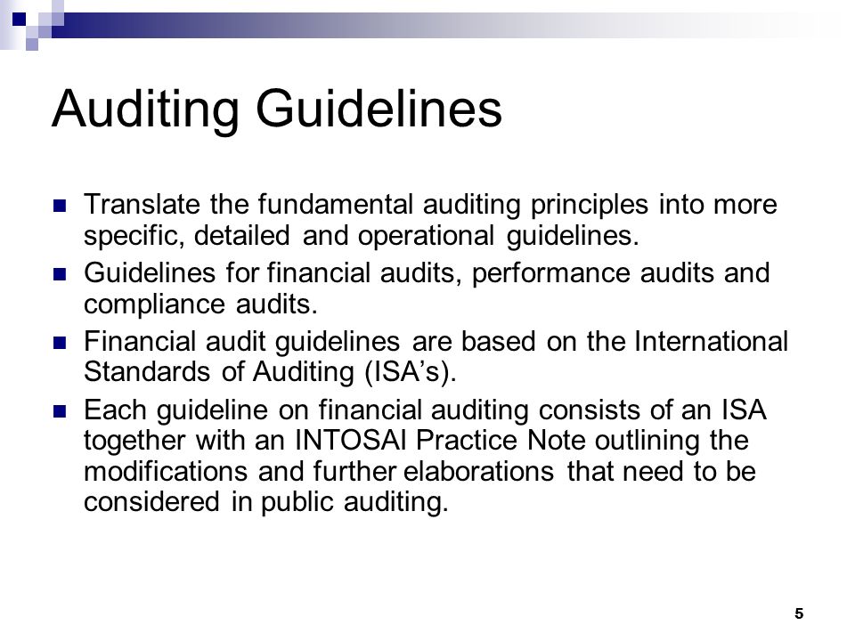 5 Auditing Guidelines Translate the fundamental auditing principles into more specific, detailed and operational guidelines.
