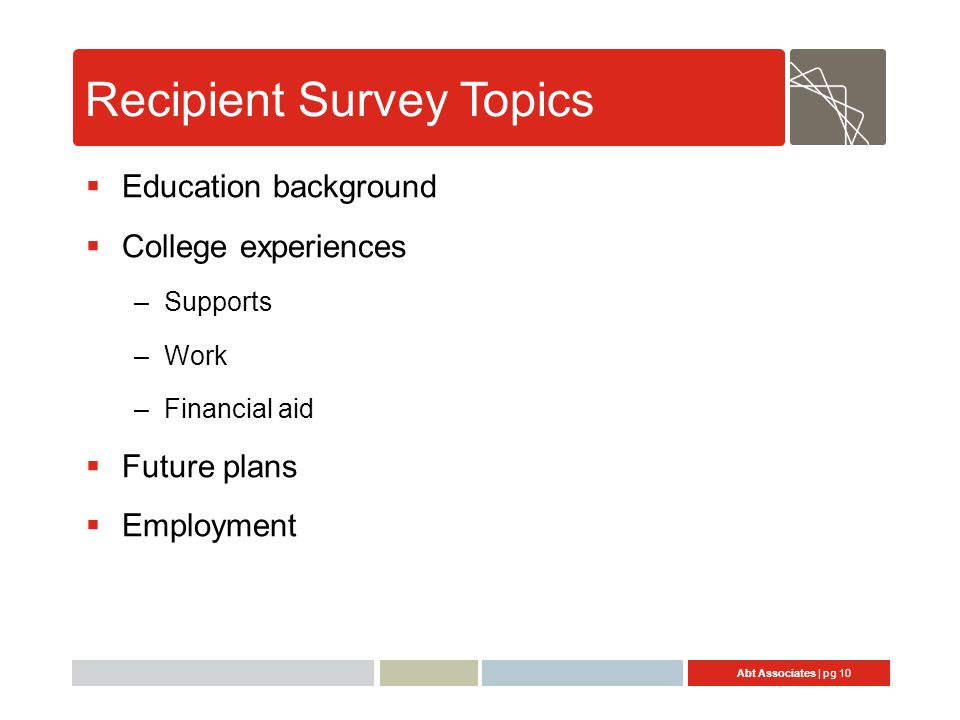 Abt Associates | pg 10 Recipient Survey Topics  Education background  College experiences –Supports –Work –Financial aid  Future plans  Employment