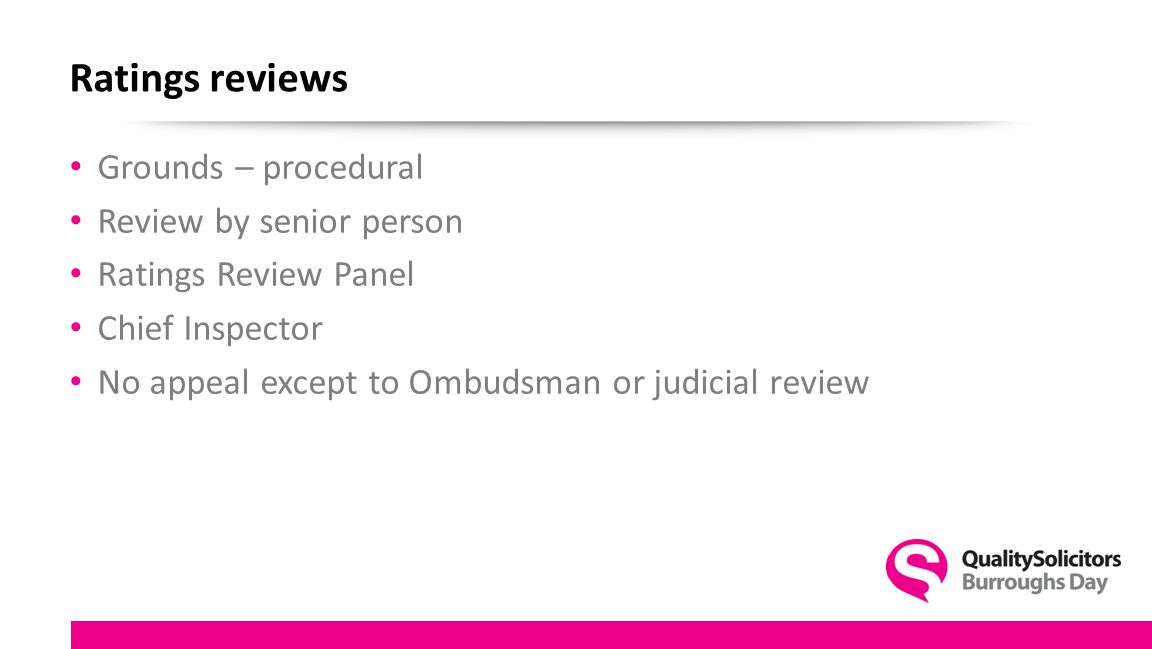 Ratings reviews Grounds – procedural Review by senior person Ratings Review Panel Chief Inspector No appeal except to Ombudsman or judicial review