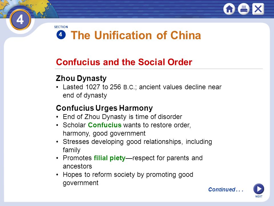 NEXT Confucius and the Social Order The Unification of China Zhou Dynasty Lasted 1027 to 256 B.C.