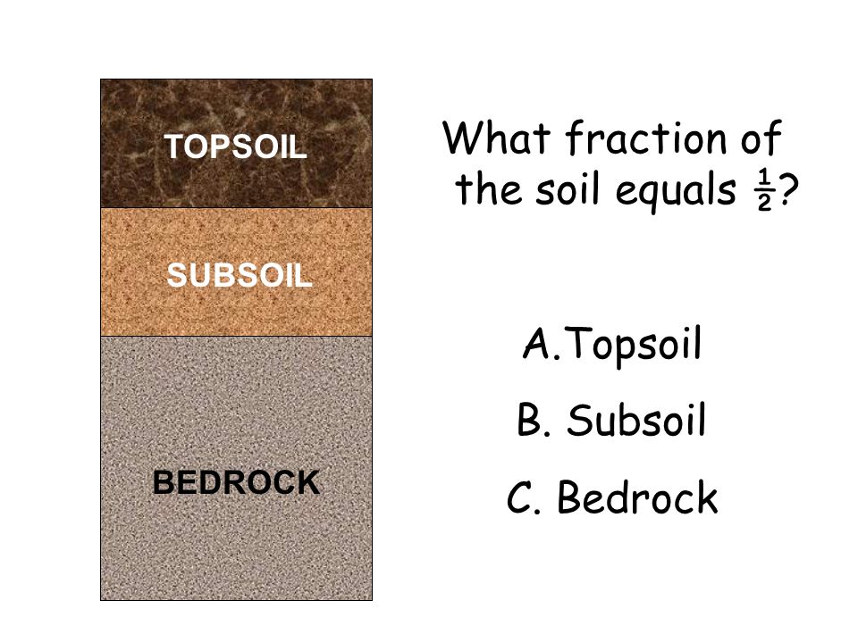 BEDROCK SUBSOIL TOPSOIL What fraction of the soil equals ½ A.Topsoil B. Subsoil C. Bedrock