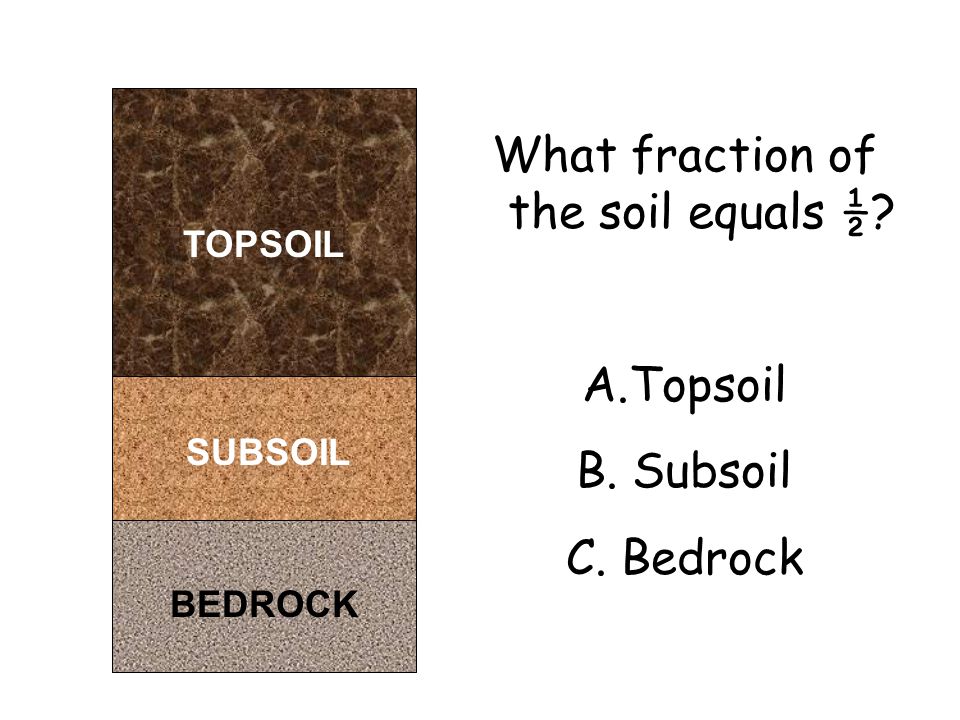 BEDROCK SUBSOIL TOPSOIL What fraction of the soil equals ½ A.Topsoil B. Subsoil C. Bedrock