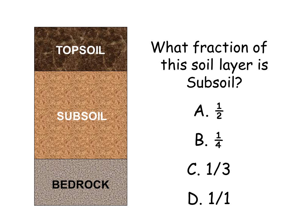 BEDROCK SUBSOIL TOPSOIL What fraction of this soil layer is Subsoil A. ½ B. ¼ C. 1/3 D. 1/1