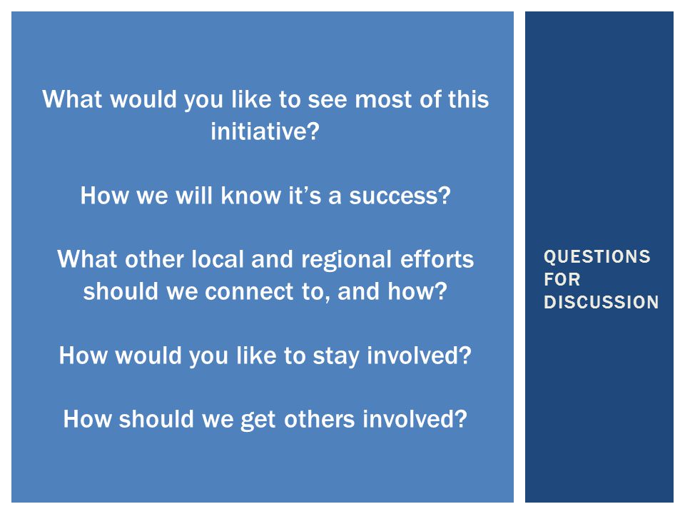 QUESTIONS FOR DISCUSSION What would you like to see most of this initiative.