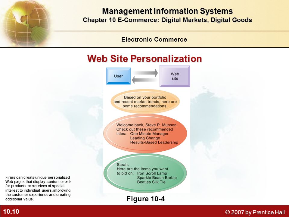 10.10 © 2007 by Prentice Hall Web Site Personalization Figure 10-4 Firms can create unique personalized Web pages that display content or ads for products or services of special interest to individual users, improving the customer experience and creating additional value.