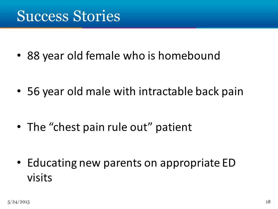 5/24/ Success Stories 88 year old female who is homebound 56 year old male with intractable back pain The chest pain rule out patient Educating new parents on appropriate ED visits