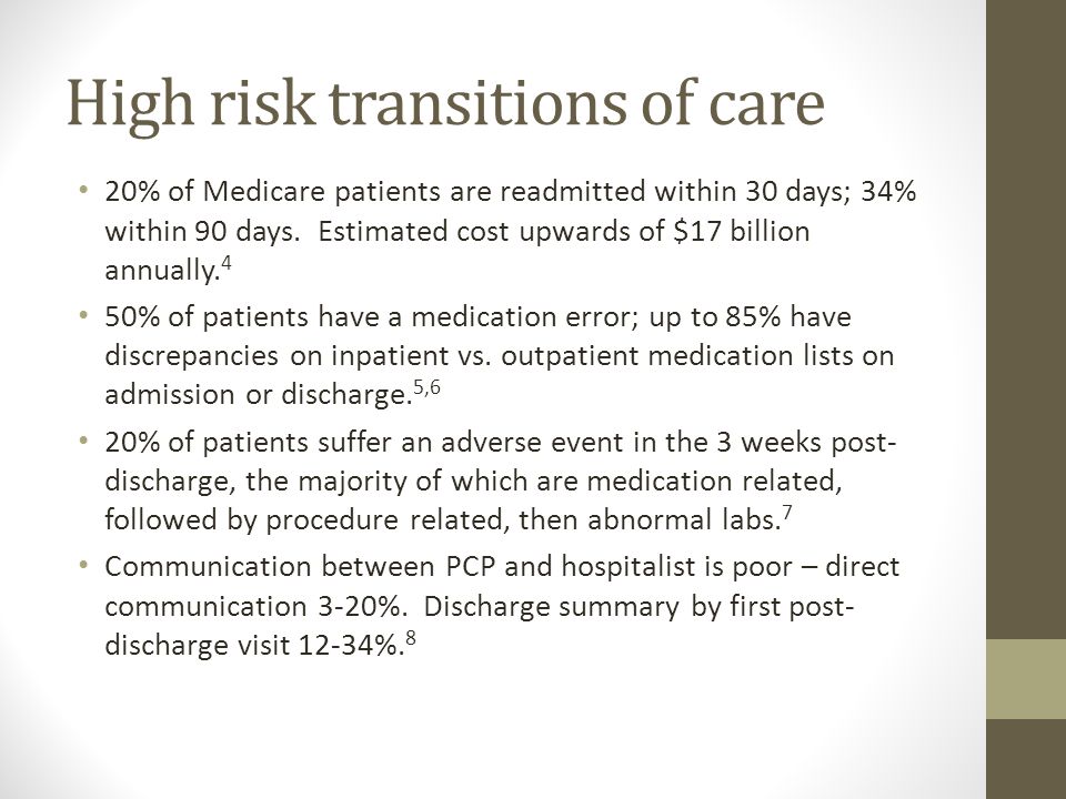 High risk transitions of care 20% of Medicare patients are readmitted within 30 days; 34% within 90 days.