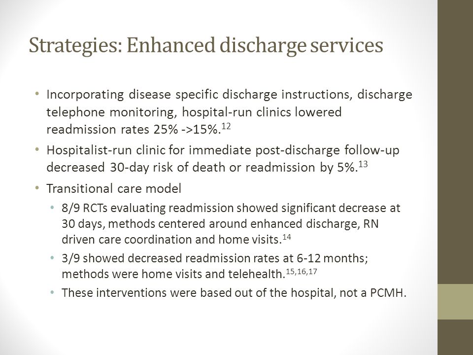 Strategies: Enhanced discharge services Incorporating disease specific discharge instructions, discharge telephone monitoring, hospital-run clinics lowered readmission rates 25% ->15%.