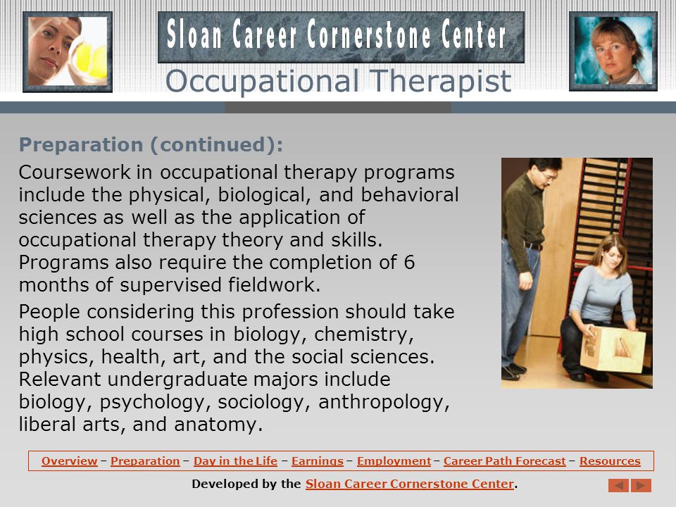 Preparation: A master s degree or higher in occupational therapy is the minimum requirement for entry into the field.