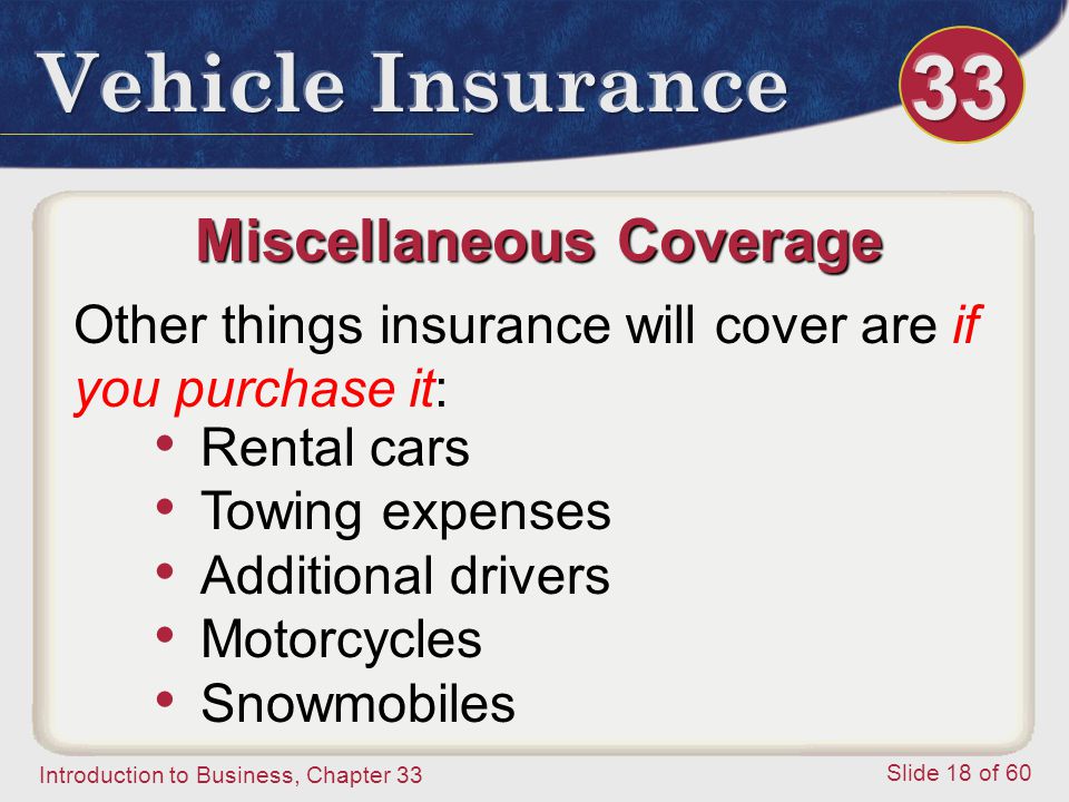 Introduction to Business, Chapter 33 Slide 18 of 60 Miscellaneous Coverage Other things insurance will cover are if you purchase it: Rental cars Towing expenses Additional drivers Motorcycles Snowmobiles