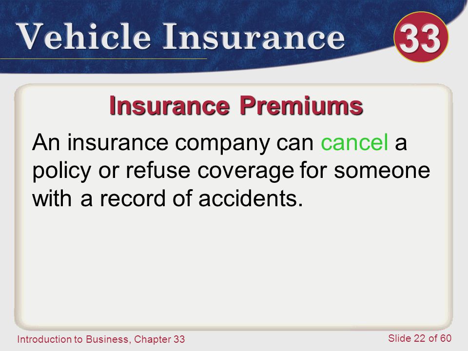 Introduction to Business, Chapter 33 Slide 22 of 60 Insurance Premiums An insurance company can cancel a policy or refuse coverage for someone with a record of accidents.