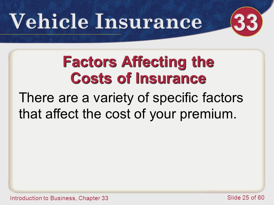 Introduction to Business, Chapter 33 Slide 25 of 60 Factors Affecting the Costs of Insurance There are a variety of specific factors that affect the cost of your premium.