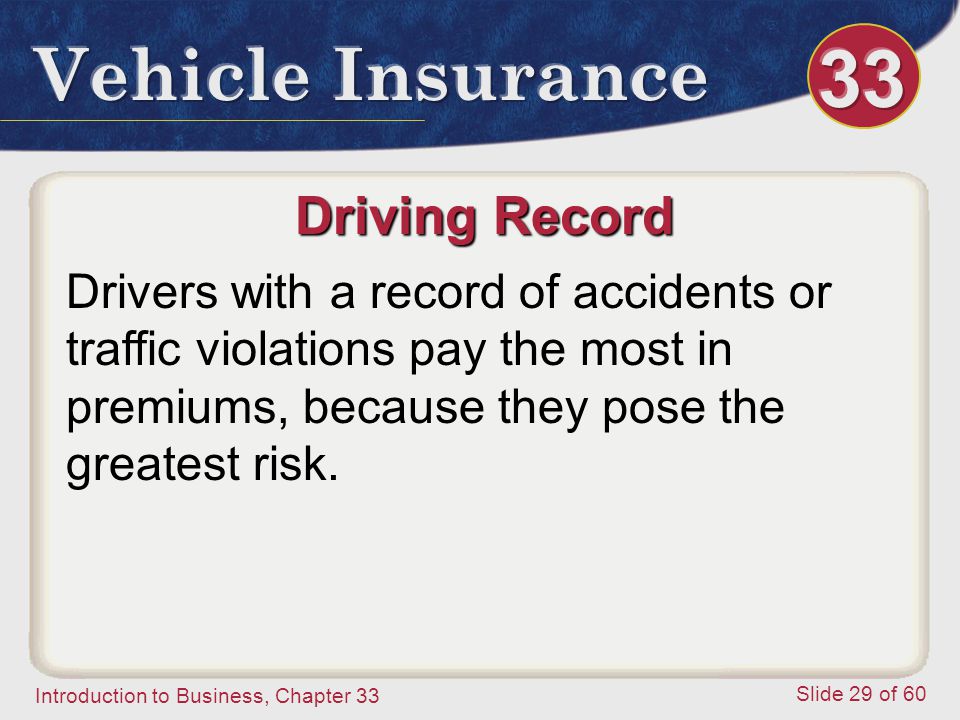 Introduction to Business, Chapter 33 Slide 29 of 60 Driving Record Drivers with a record of accidents or traffic violations pay the most in premiums, because they pose the greatest risk.
