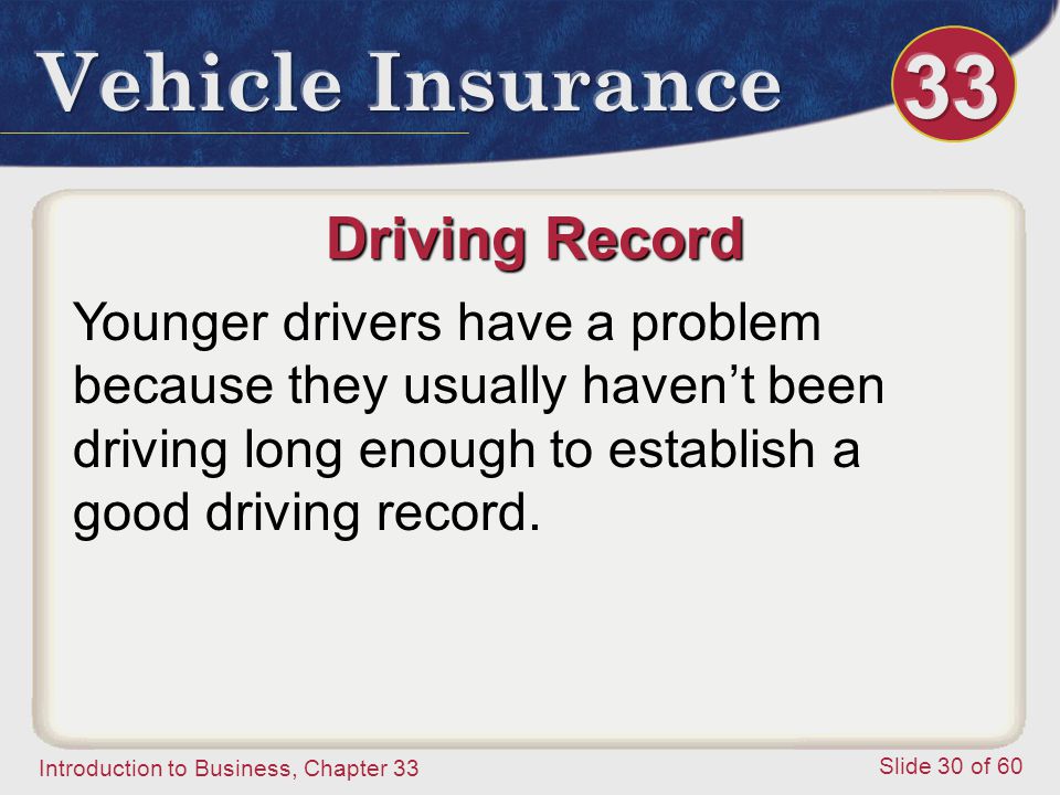 Introduction to Business, Chapter 33 Slide 30 of 60 Driving Record Younger drivers have a problem because they usually haven’t been driving long enough to establish a good driving record.
