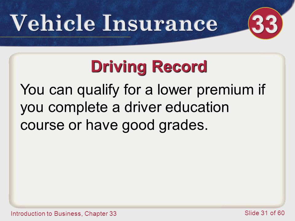 Introduction to Business, Chapter 33 Slide 31 of 60 Driving Record You can qualify for a lower premium if you complete a driver education course or have good grades.