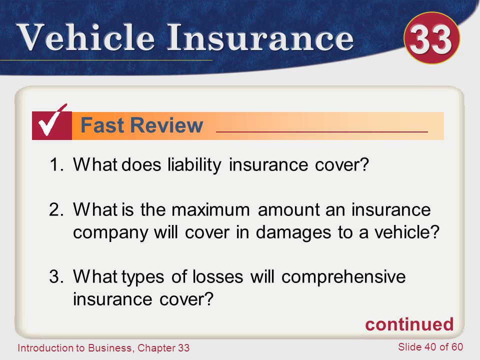 Introduction to Business, Chapter 33 Slide 40 of 60 Fast Review 1.What does liability insurance cover.