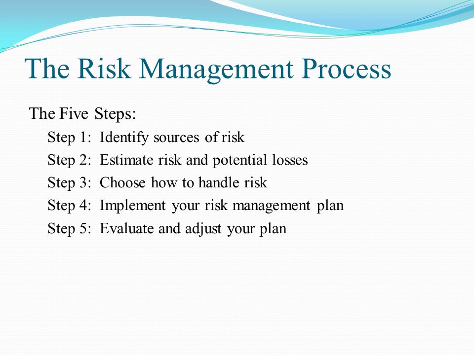 The Risk Management Process The Five Steps: Step 1: Identify sources of risk Step 2: Estimate risk and potential losses Step 3: Choose how to handle risk Step 4: Implement your risk management plan Step 5: Evaluate and adjust your plan
