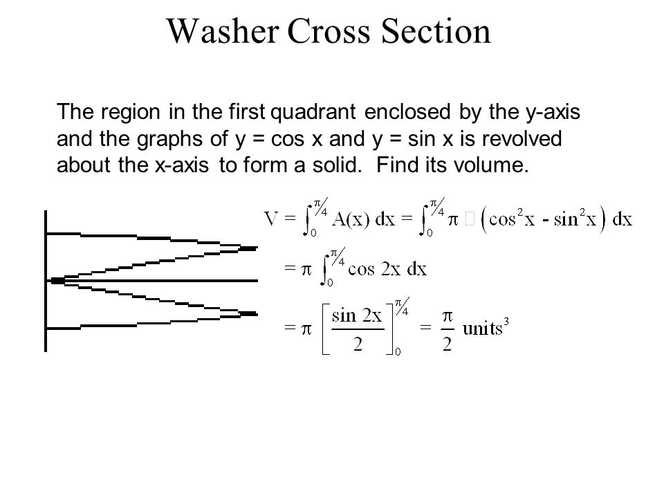 Washer Cross Section The region in the first quadrant enclosed by the y-axis and the graphs of y = cos x and y = sin x is revolved about the x-axis to form a solid.