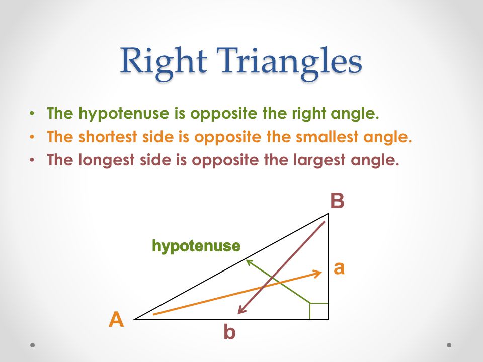 Right Triangles The hypotenuse is opposite the right angle.