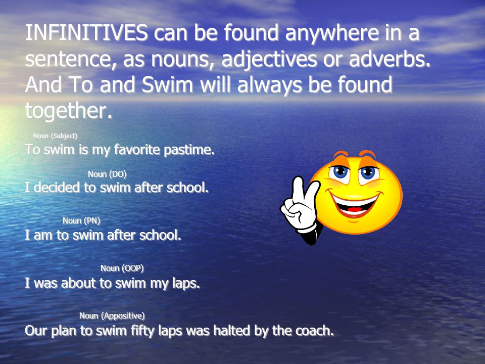 INFINITIVES can be found anywhere in a sentence, as nouns, adjectives or adverbs.