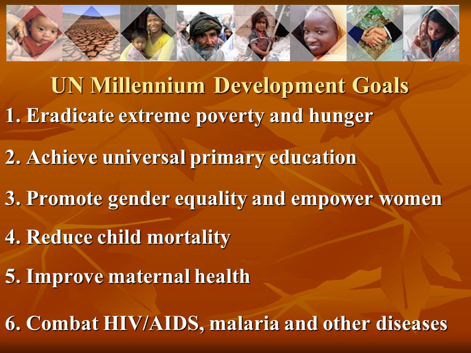 UN Millennium Development Goals 1. Eradicate extreme poverty and hunger 2.