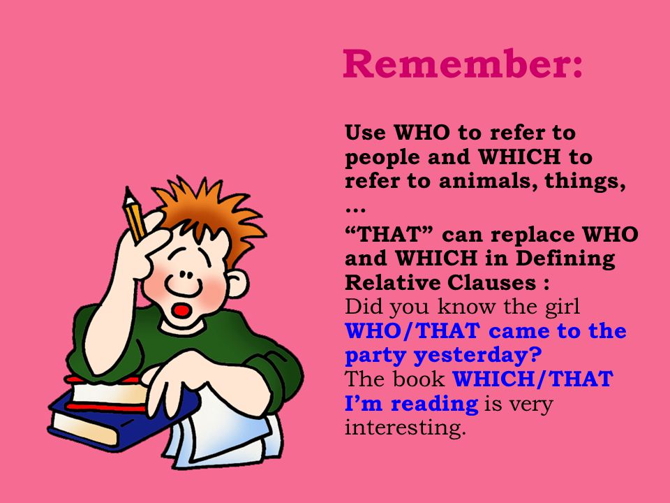 Remember: Use WHO to refer to people and WHICH to refer to animals, things, … THAT can replace WHO and WHICH in Defining Relative Clauses : Did you know the girl WHO/THAT came to the party yesterday.