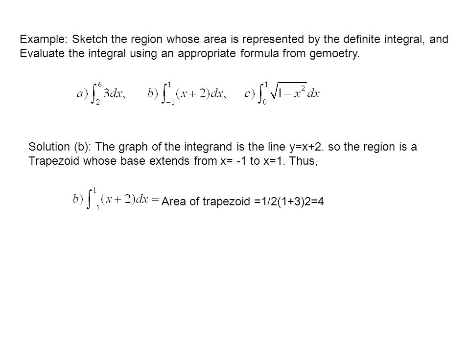 Example: Sketch the region whose area is represented by the definite integral, and Evaluate the integral using an appropriate formula from gemoetry.