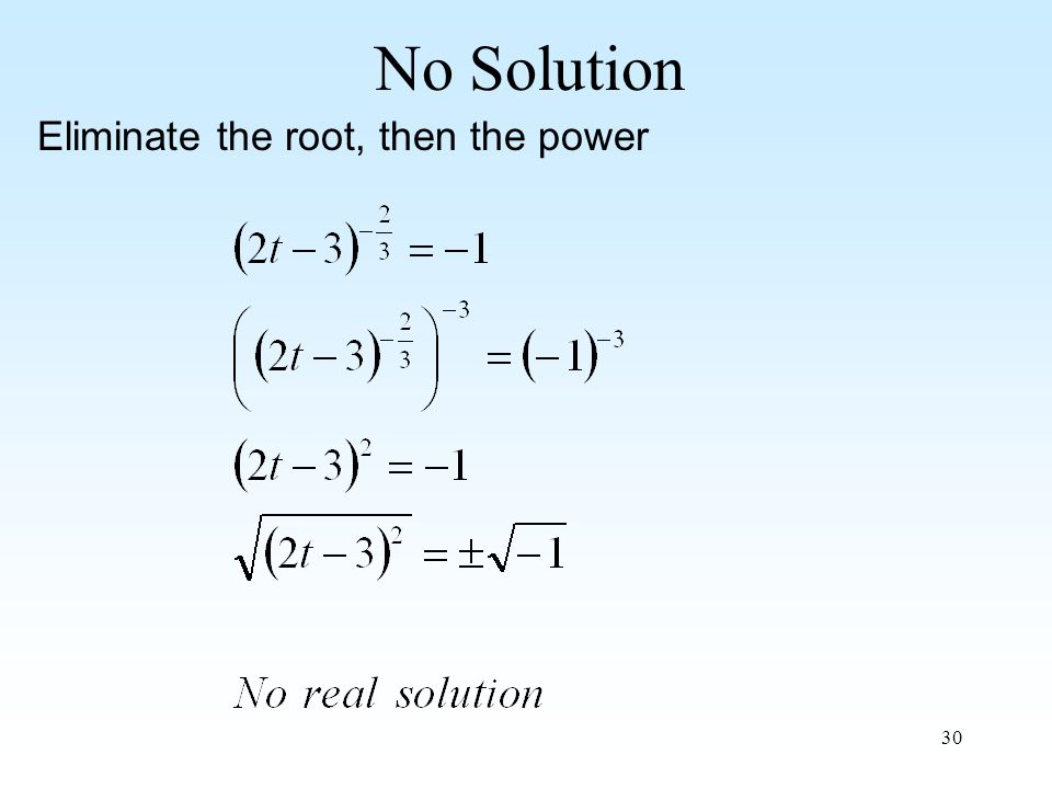 30 No Solution Eliminate the root, then the power