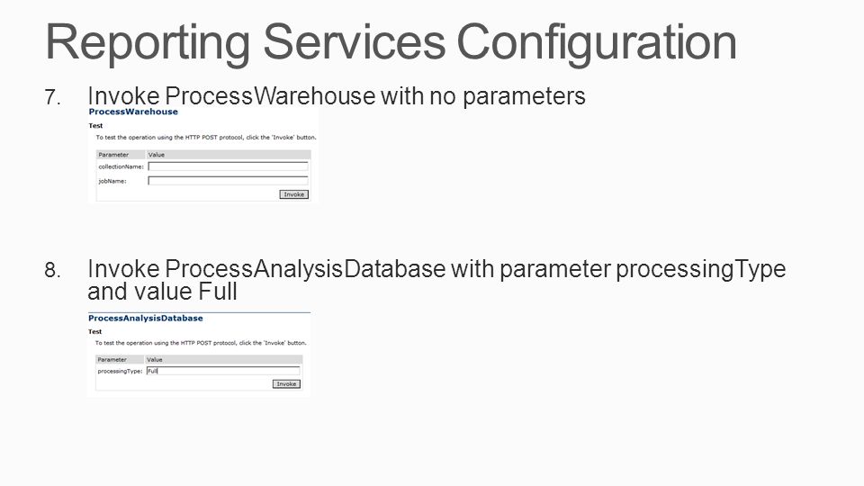 Reporting Services Configuration 7. Invoke ProcessWarehouse with no parameters 8.