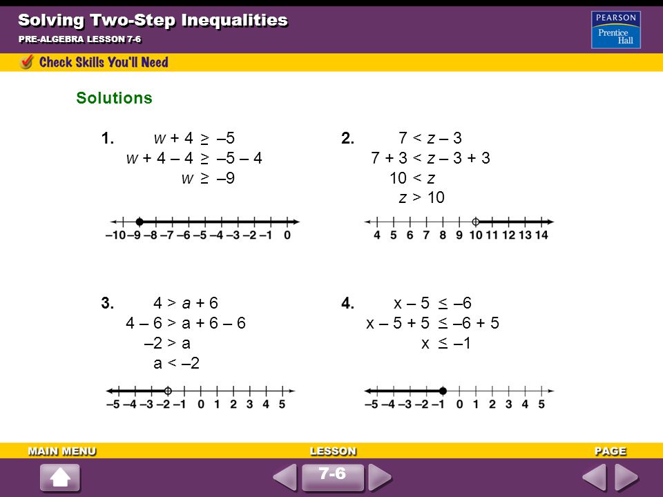 Solving Two-Step Inequalities PRE-ALGEBRA LESSON 7-6 Solutions 1.