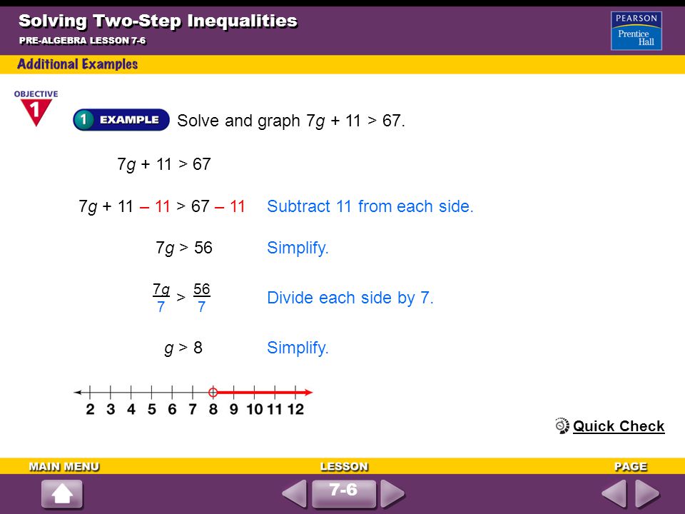 Solving Two-Step Inequalities Solve and graph 7g + 11 > 67.