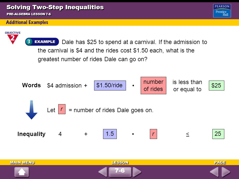 Solving Two-Step Inequalities Dale has $25 to spend at a carnival.