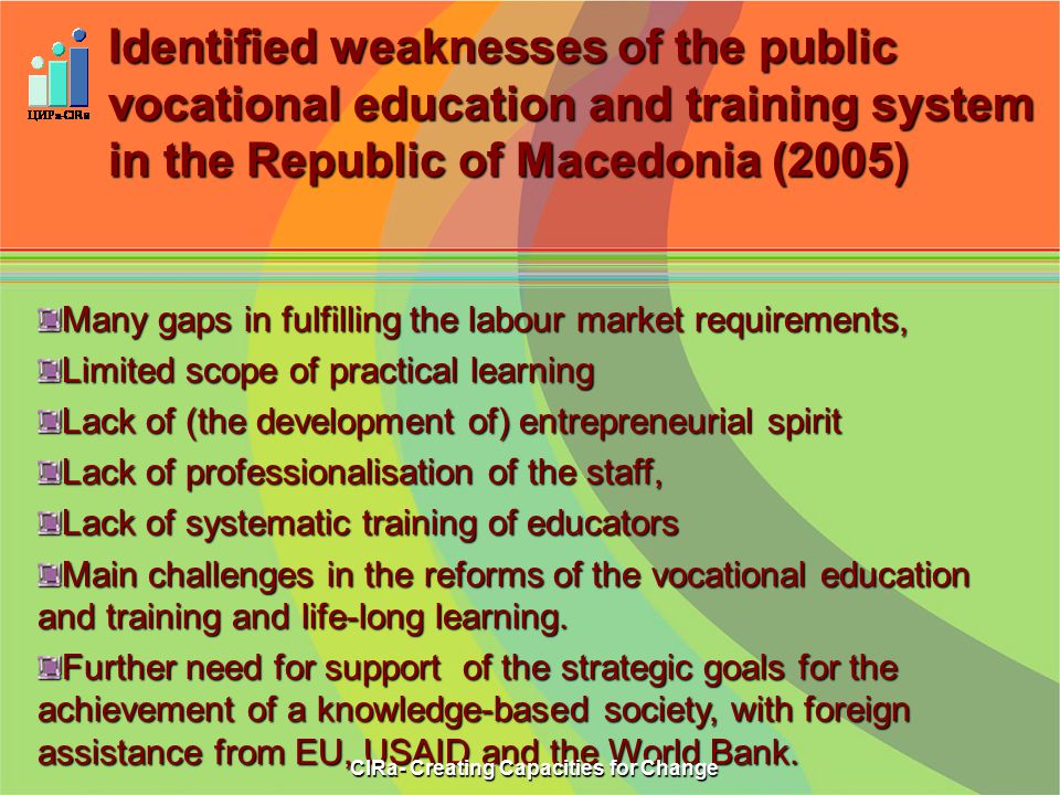 Identified weaknesses of the public vocational education and trainingsystem in the Republic of Macedonia (2005) Identified weaknesses of the public vocational education and training system in the Republic of Macedonia (2005) Many gaps in fulfilling the labour market requirements, Limited scope of practical learning Lack of (the development of) entrepreneurial spirit Lack of professionalisation of the staff, Lack of systematic training of educators Main challenges in the reforms of the vocational education and training and life-long learning.