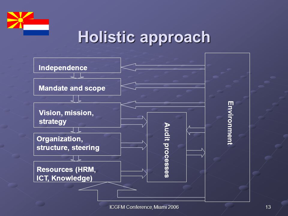 13ICGFM Conference, Miami 2006 Holistic approach Independence Mandate and scope Environment Vision, mission, strategy Organization, structure, steering Resources (HRM, ICT, Knowledge) Audit processes