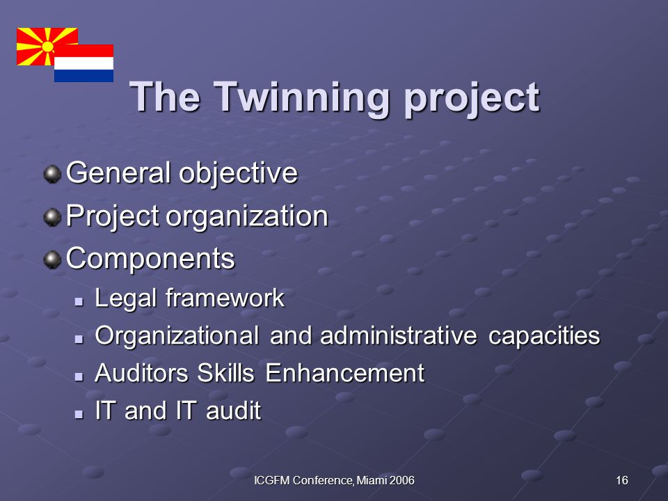 16ICGFM Conference, Miami 2006 The Twinning project General objective Project organization Components Legal framework Legal framework Organizational and administrative capacities Organizational and administrative capacities Auditors Skills Enhancement Auditors Skills Enhancement IT and IT audit IT and IT audit