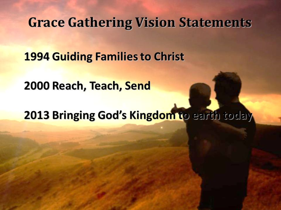 Grace Gathering Vision Statements 1994 Guiding Families to Christ 2000 Reach, Teach, Send 2013 Bringing God’s Kingdom to earth today