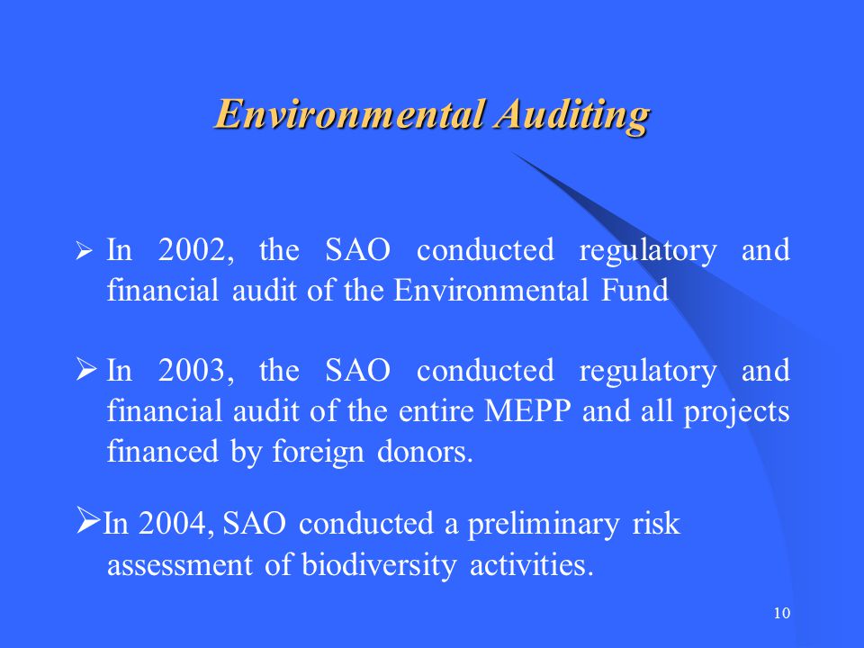 9 Environmental Financing and Expenditures Environmental Financing and Expenditures  In the past three years, environmental spending has been very limited and has not exceeded 0.5% of the GNDP  1,25% of total Government budget for  Total budget allocated to the MEPP was sufficient to cover salaries, social insurance, administration and maintenance.