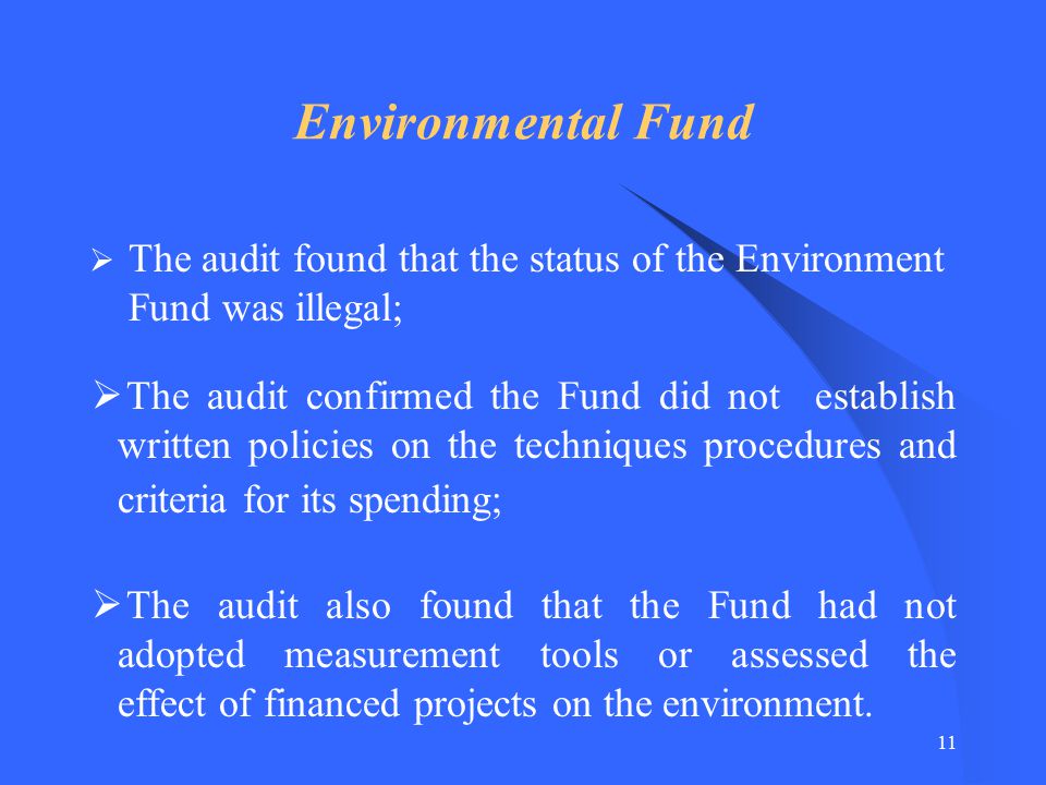 10 Environmental Auditing  In 2002, the SAO conducted regulatory and financial audit of the Environmental Fund  In 2003, the SAO conducted regulatory and financial audit of the entire MEPP and all projects financed by foreign donors.