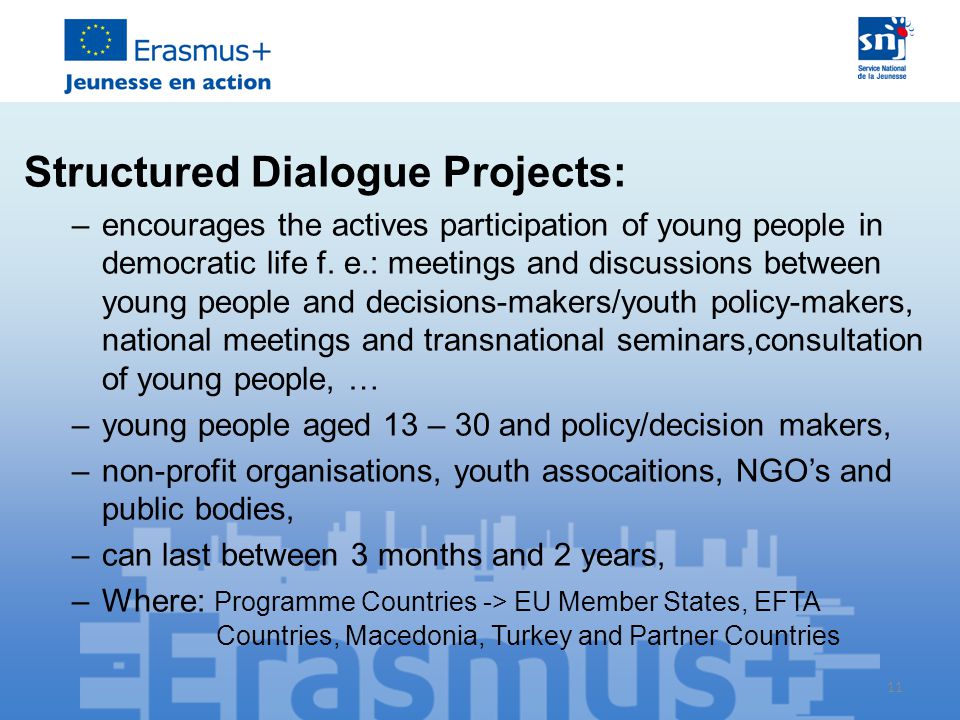 11 Structured Dialogue Projects: –encourages the actives participation of young people in democratic life f.