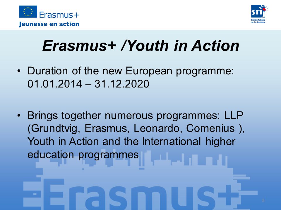3 Erasmus+ /Youth in Action Duration of the new European programme: – Brings together numerous programmes: LLP (Grundtvig, Erasmus, Leonardo, Comenius ), Youth in Action and the International higher education programmes 3